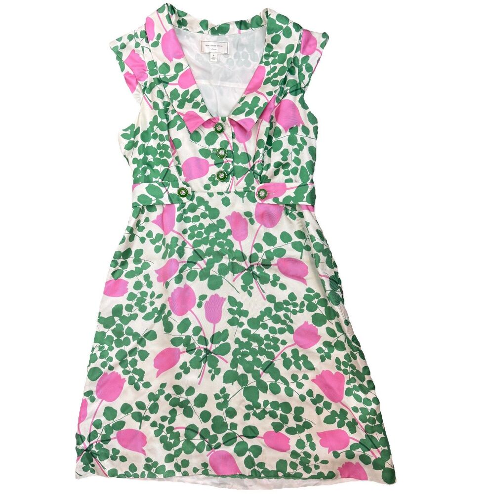 Anthropologie White Dress with Pink Floral and Green Leaf Print